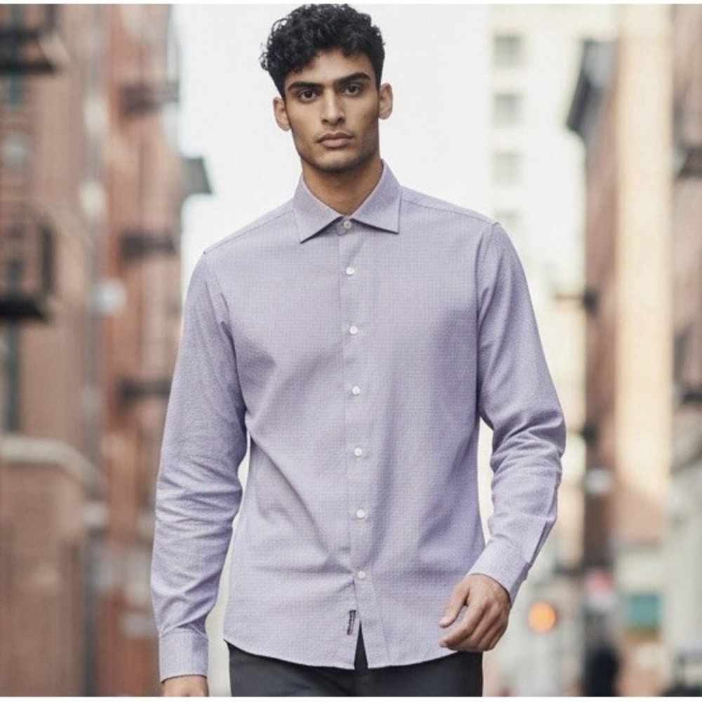 Eton Contemporary Mens Micro Houndstooth Purple Button Down Shirt  40 - 15 3/4